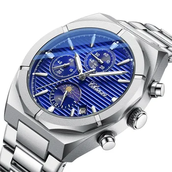 Модные мужские часы с хронографом, серебро, нержавеющая сталь, большой циферблат, лидирующий бренд, водонепроницаемые синие повседневные деловые часы для мужчин CHENXI