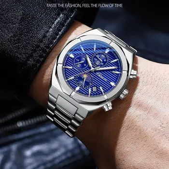 Модные мужские часы с хронографом, серебро, нержавеющая сталь, большой циферблат, лидирующий бренд, водонепроницаемые синие повседневные деловые часы для мужчин CHENXI Изображение 2