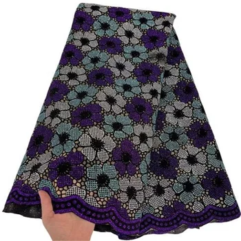 Многоцветная французская Кружевная ткань с пайетками, тюль, вышивка, фиолетовые Нигерийские сетчатые кружевные ткани, 5 ярдов африканской кружевной ткани для свадьбы