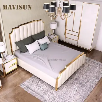 Изготовленная на заказ Легкая Роскошная Кожаная Кровать В Главной спальне в скандинавском стиле, Двуспальная кровать с функцией хранения, Современная минималистичная мебель для дома