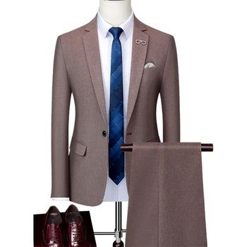 Мужской свадебный костюм из 2 предметов, роскошный тонкий однотонный деловой офисный костюм, мужской модный мужской костюм большого размера, куртка + брюки
