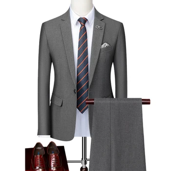 Мужской свадебный костюм из 2 предметов, роскошный тонкий однотонный деловой офисный костюм, мужской модный мужской костюм большого размера, куртка + брюки Изображение 2