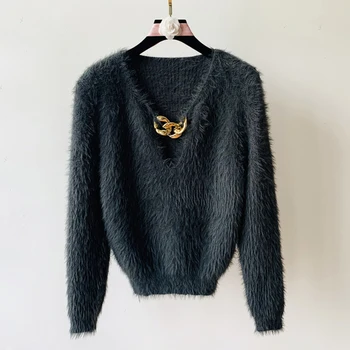 TWOTWINSTYLE, женский свитер с пайетками в стиле пэчворк, V-образный вырез, длинный рукав, мохеровые тонкие короткие топы, женская модная новая одежда 2020 Изображение 2