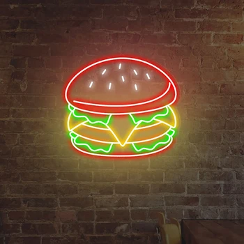 Неоновая вывеска для Гамбургеров Логотип Burger Custom Business Неоновая лампа для ресторана Декор стен магазина открытой еды Светодиодные Фонари Вывески