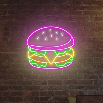 Неоновая вывеска для Гамбургеров Логотип Burger Custom Business Неоновая лампа для ресторана Декор стен магазина открытой еды Светодиодные Фонари Вывески Изображение 2