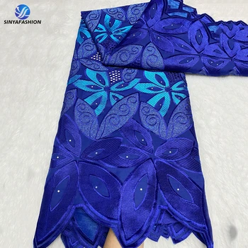 Новая модная королевская синяя африканская вышивка из 100% хлопка, Сухая Дубайская кружевная ткань в нигерийской швейцарской вуали из Швейцарии с камнями 31