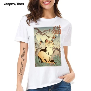 Новая летняя женская японская кошка, традиционная живопись, графика, классическая футболка, животное, Harajuku, Женская повседневная футболка с милой девушкой