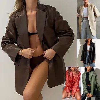Женская кожаная куртка 2023, Осенне-зимняя новая кожаная куртка, Повседневные теплые куртки для женщин, зимняя одежда Изображение 2