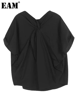[EAM] Женская Элегантная Блузка Большого Размера с Узлом на спине, Новая Рубашка Свободного Кроя с Круглым вырезом и Коротким рукавом, Модная Рубашка Весна-Лето 2023 1DF7825