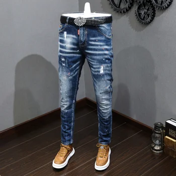 Модные Дизайнерские Мужские джинсы в стиле ретро, Синие, Стрейчевые, Приталенные, с росписью, Рваные Джинсы, Мужские Повседневные Джинсовые брюки в корейском стиле, Hombre