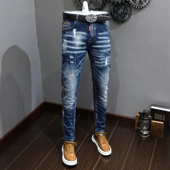 Модные Дизайнерские Мужские джинсы в стиле ретро, Синие, Стрейчевые, Приталенные, с росписью, Рваные Джинсы, Мужские Повседневные Джинсовые брюки в корейском стиле, Hombre Изображение 2