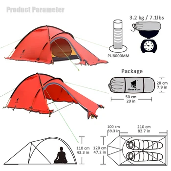 Кемпинговая палатка на 2 человека, Сверхлегкая Семейная палатка, Юбка на 4 сезона, Походная Велосипедная Палатка, Алюминиевый шест, Непромокаемые Палатки для путешествий по Снегу Изображение 2