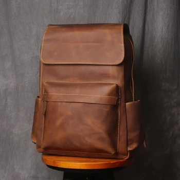 Винтажный кожаный мужской рюкзак Большой емкости 15,6 дюймов сумка для ноутбука Crazy Horse Кожаный Ретро Рюкзак для колледжа и школы Изображение 2