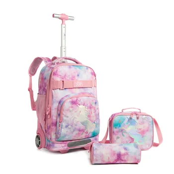 Наборы детских школьных тележек с сумкой для ланча, рюкзак для багажа на колесиках, школьный рюкзак на колесиках, школьная сумка на колесиках для девочек, колеса