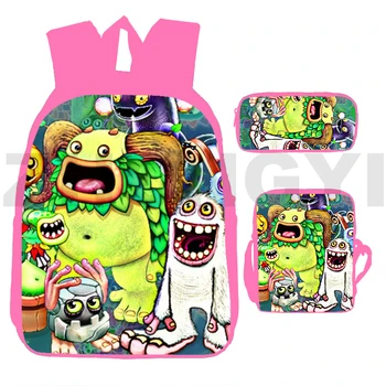 Видео My Singing Monsters Kawaii Рюкзак для девочек, Трендовая Холщовая сумка через плечо, 3 В 1, Студенческий аниме-пенал, Детские школьные сумки