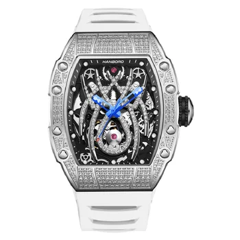 HANBORO Мужские автоматические часы, Роскошные часы, Механические наручные часы, светящийся корпус со скелетом, Водонепроницаемый каучуковый ремешок, кристалл