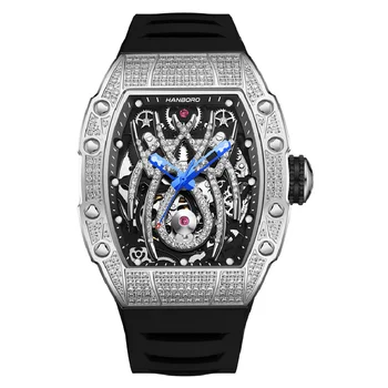HANBORO Мужские автоматические часы, Роскошные часы, Механические наручные часы, светящийся корпус со скелетом, Водонепроницаемый каучуковый ремешок, кристалл Изображение 2