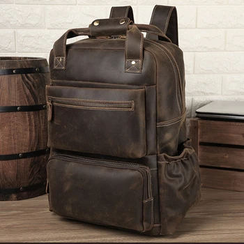 Винтажный Кожаный рюкзак Для мужчин, большой рюкзак из натуральной кожи для 17 дюймов, темно-коричневая дорожная сумка из воловьей кожи для мужчин