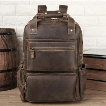 Винтажный Кожаный рюкзак Для мужчин, большой рюкзак из натуральной кожи для 17 дюймов, темно-коричневая дорожная сумка из воловьей кожи для мужчин Изображение 2