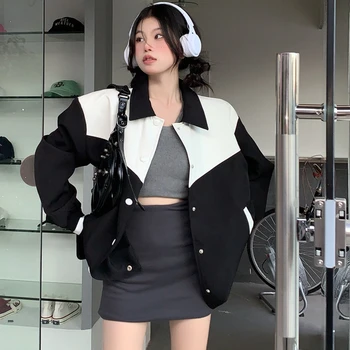 2023 Весенняя новая женская куртка с модным отворотом, контрастная черно-белая панель, универсальная Бесплатная доставка
