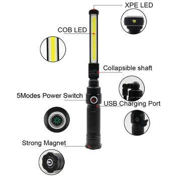 Складной COB Светодиодный Карманный фонарик 18650 Лампа для чтения с магнитом на 360 °, Рабочий светильник, Инспекционная лампа, Ручной фонарь для Кемпинга, Стробоскоп SOS Изображение 2