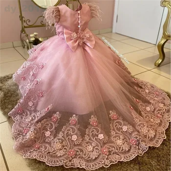 Розовые платья принцессы с перьями и цветами для девочек, расшитые бисером, оборки, украшение на шее, Праздничное платье для маленьких детей, платье для Первого Причастия