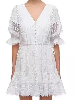 Женское мини-платье с цветочной вышивкой, рукав-фонарь, V-образный вырез, эластичный пояс на шнурке, Праздничный короткий халат