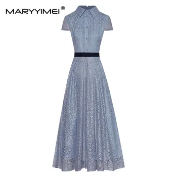 MARYYIMEI, Модное дизайнерское женское платье, Летний воротник с лацканами, ПЛАТЬЕ с поясом, элегантное платье на молнии, кружевное платье с коротким рукавом