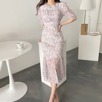 Женское модное шифоновое платье с цветочным рисунком, женское летнее новое платье с рыбьим хвостом, летнее платье