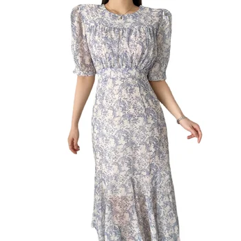 Женское модное шифоновое платье с цветочным рисунком, женское летнее новое платье с рыбьим хвостом, летнее платье Изображение 2