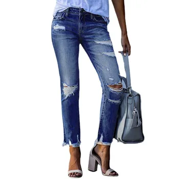 Женские Эластичные Рваные потертые обтягивающие джинсовые брюки с высокой талией, Рваные джинсовые брюки, тонкие Джеггинсы, Женская весенне-осенняя одежда