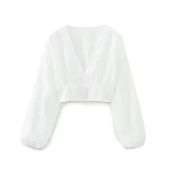 Elmsk High Street Летняя блузка Белого цвета с V-образным вырезом, Модная Сексуальная короткая рубашка, Женские топы с высокой посадкой Изображение 2