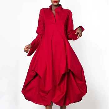 Женское Красное Элегантное вечернее платье Lemongor 2023, стильные однотонные Свободные платья миди с воротником-стойкой и длинными рукавами для женщин