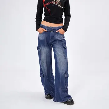 Женские Повседневные джинсовые брюки-карго с низкой талией, множеством карманов, Джинсы-карго в стиле хип-хоп, брюки с поясом, Осенняя уличная одежда