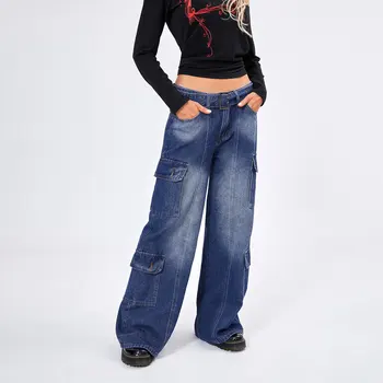 Женские Повседневные джинсовые брюки-карго с низкой талией, множеством карманов, Джинсы-карго в стиле хип-хоп, брюки с поясом, Осенняя уличная одежда Изображение 2