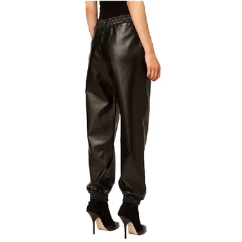 Женские повседневные стильные брюки из искусственной кожи на плоской подошве, эластичные брюки из искусственной кожи длиной до икр, черные Брюки с высокой талией, большие размеры, подходящие по цвету FS0630 Изображение 2