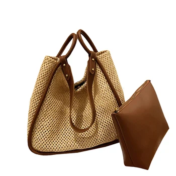Женские Соломенные сумки, Большая Тканая сумка-тоут, сумка через плечо, Соломенная пляжная сумка с кошельком на молнии из искусственной кожи