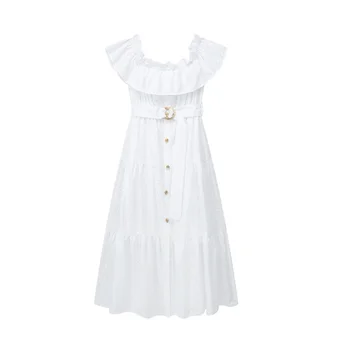 Милое Белое хлопковое Длинное платье с вышивкой для девочек 2023, Летнее Женское Элегантное платье с разрезом на шее и поясом, Шикарные открытые платья