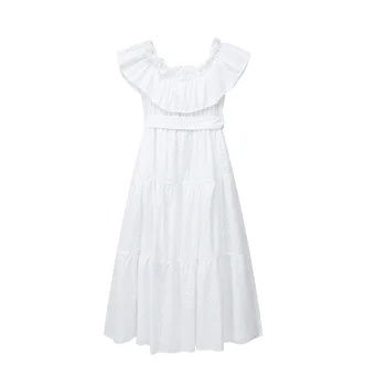 Милое Белое хлопковое Длинное платье с вышивкой для девочек 2023, Летнее Женское Элегантное платье с разрезом на шее и поясом, Шикарные открытые платья Изображение 2