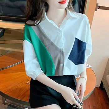 Модная корейская однобортная рубашка в стиле пэчворк, женская одежда, летний тренд 2023, универсальная повседневная блузка-поло с коротким рукавом и вырезом-поло