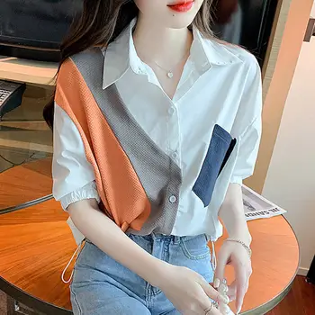 Модная корейская однобортная рубашка в стиле пэчворк, женская одежда, летний тренд 2023, универсальная повседневная блузка-поло с коротким рукавом и вырезом-поло Изображение 2