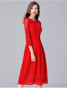 Новое Поступление, Осеннее Сексуальное Стильное Красное платье, Кружевное Открытое Женское платье из 100% полиэстера Размера Плюс, Облегающее и Расклешенное 14022