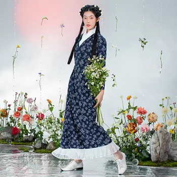 A Life On The Left, Женское платье Hanfu, Синее ситцевое платье с перекрестным V-образным вырезом, съемный воротник, кружевная Винтажная длинная юбка в стиле пэчворк Изображение 2