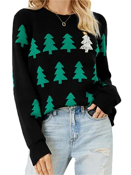 Женский Уютный рождественский свитер с рисунком в виде снежинок и круглым вырезом в рубчик - Вязаный пуловер с длинным рукавом для зимних праздников