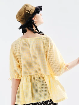 оригинальная летняя желтая рубашка в клетку imakokoni с рукавами-пузырями, свободный повседневный женский топ 234075 Изображение 2