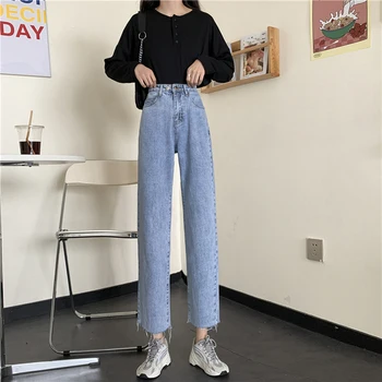 N4858 Новый горячий стиль, высокая талия, прямые свободные укороченные джинсы с широкими штанинами