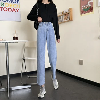 N4858 Новый горячий стиль, высокая талия, прямые свободные укороченные джинсы с широкими штанинами Изображение 2