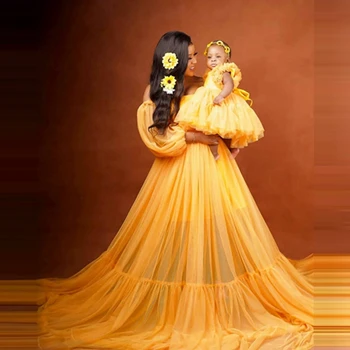 Пушистые удлиненные платья Пышное Желтое Тюлевое Свадебное платье с открытыми плечами и пышными рукавами, вечерние платья Для женщин, Детский душ