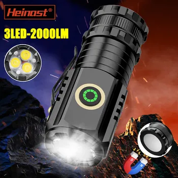 Портативный мини-светодиодный фонарик 3LED, сверхсильная световая вспышка, USB-перезаряжаемый встроенный аккумулятор с зажимом для ручки и магнитом на хвосте