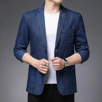 2023 демисезонный новый мужской высококачественный брендовый деловой повседневный костюм, куртка, мужской модный приталенный синий джинсовый блейзер на 2 пуговицах, мужской